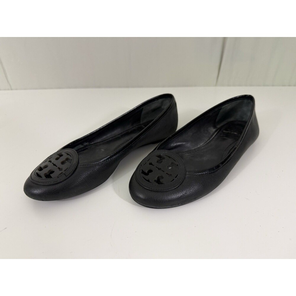 Tory Burch Reva Black Leather Logo Rare Ballet Flats Sz 5.5 Minimalist Luxe